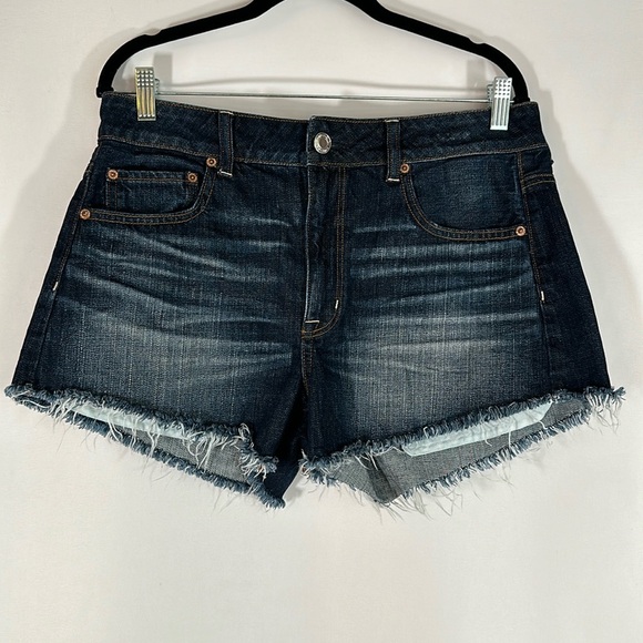 American Eagle Blue Frayed Hem High Rise Festival Denim Jean Shorts - Picture 1 of 10